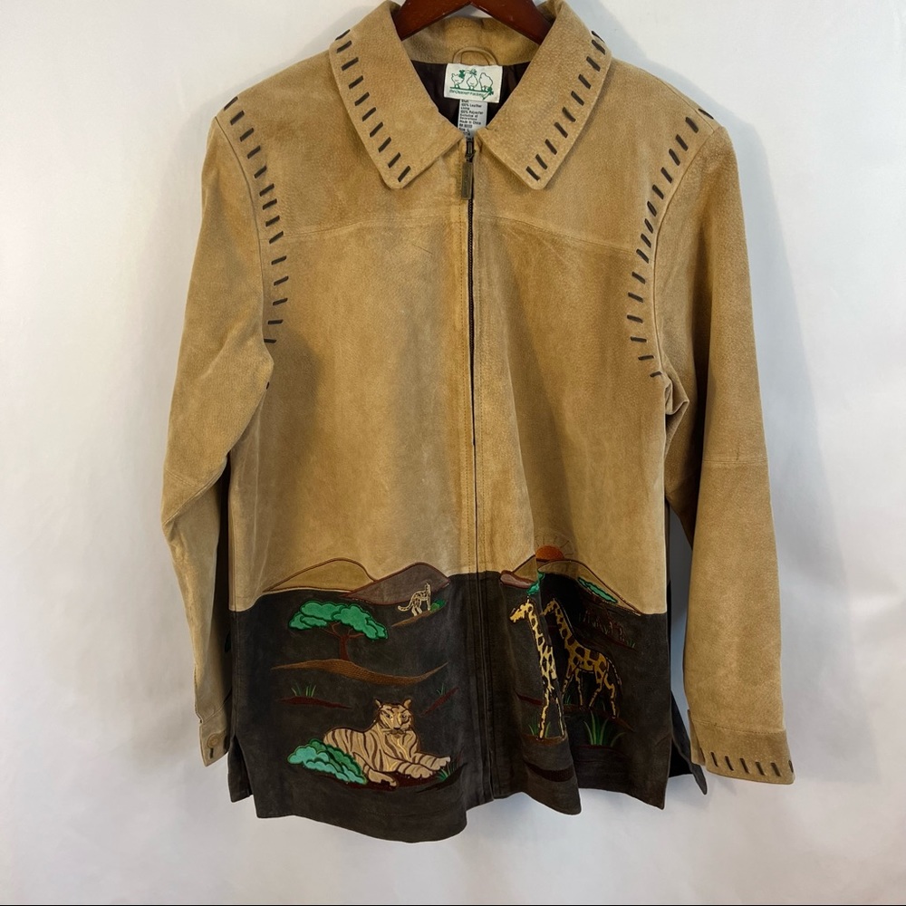 Quacker Factory Safari Suede Leather Jacket Zip L Giraffe Tiger Elephant Boho